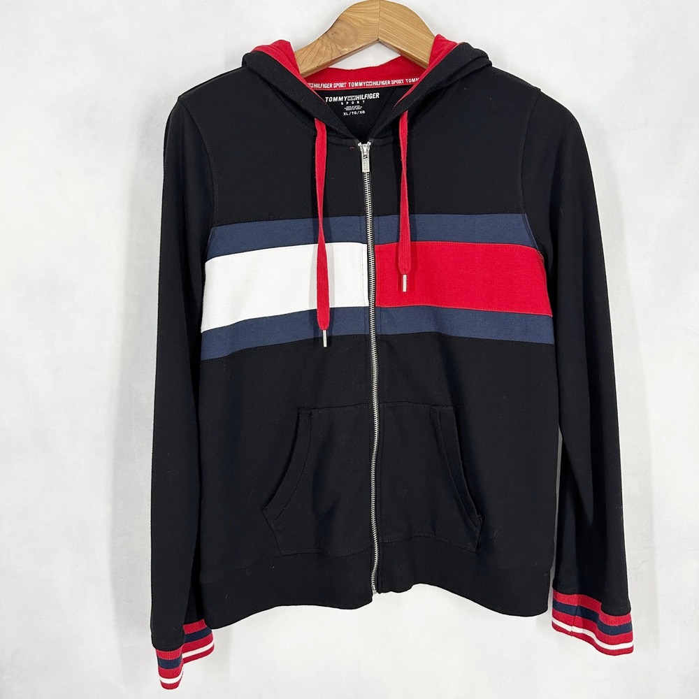 Tommy Hilfiger Cotton Colorblock Black Zip Up Hoodie‎ Women's Size XL Sporty